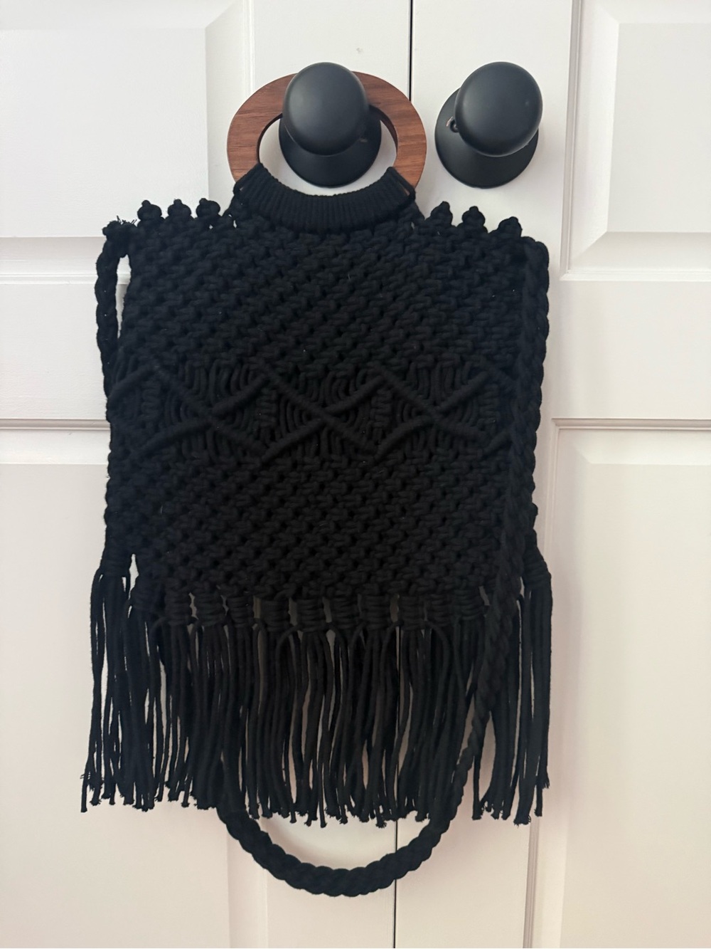 Danielle Nicole Black Macramé Fringe Crossbody Bag with Wooden Handles